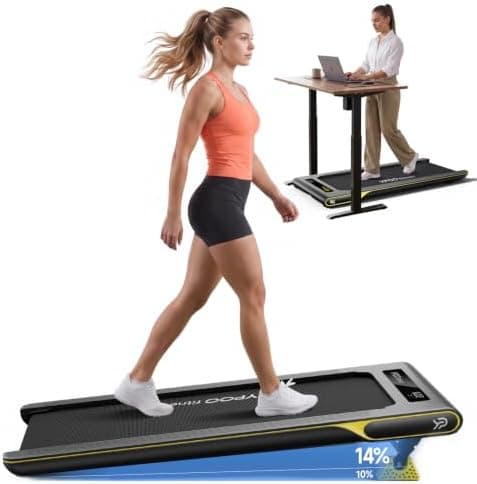 Listing photo of the YPOO walking pad, a slim black deck with a red side stripe.