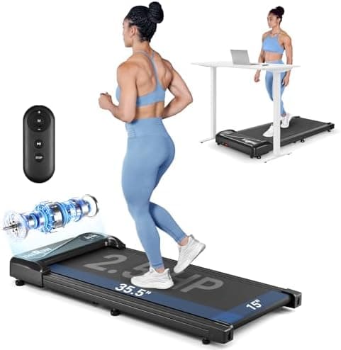 Listing photo of the THERUN walking pad, a black deck with transport wheels.