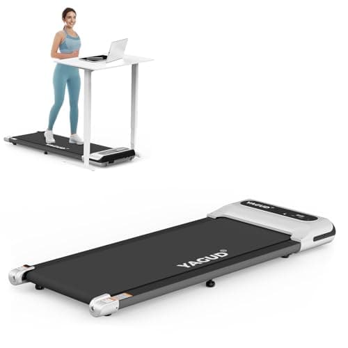 Listing photo of the Yagud under desk treadmill, a silver and black walking pad.