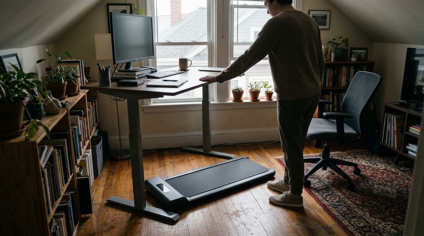 Illustration of a walking pad under a desk on a wood floor in an apartment.