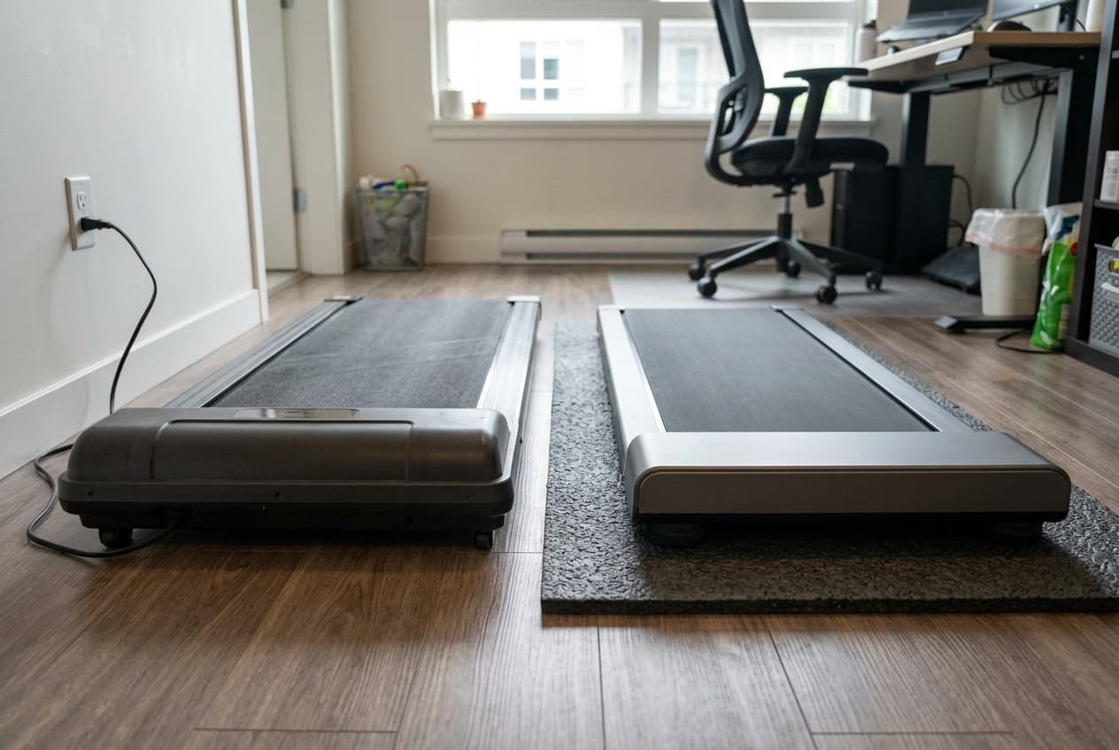 Illustration of a flat walking pad beside a taller treadmill with a handle.